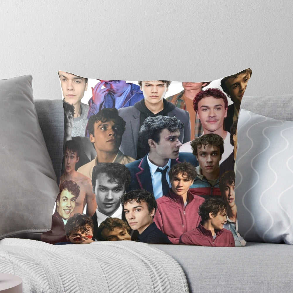 Personalized throw pillow featuring a collage of photos of Benjamin Wadsworth