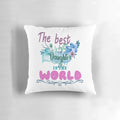 Image of a plush white pillow with the text "Best Daughter in the World" printed on it.
