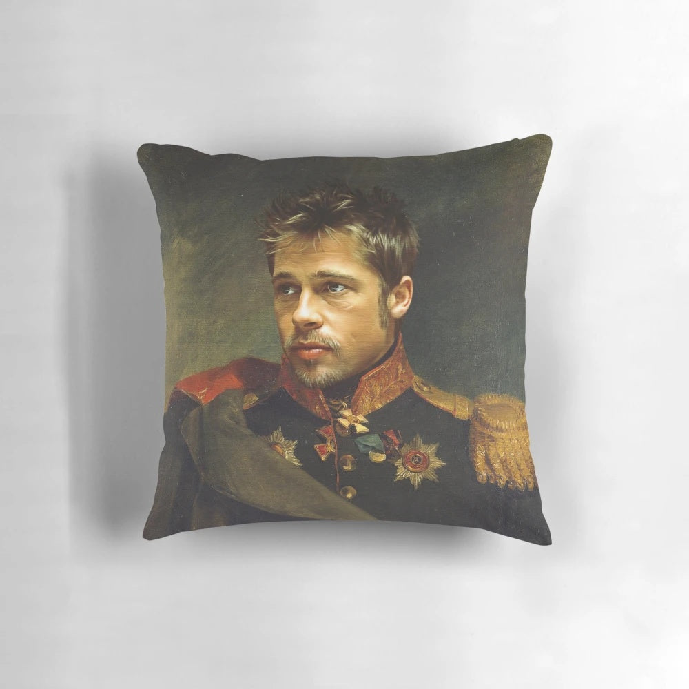 Customized pillow featuring a portrait of Brad Pitt with a unique face swap design.