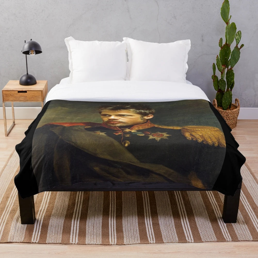 Photorealistic custom plush blanket featuring a portrait of actor Brad Pitt