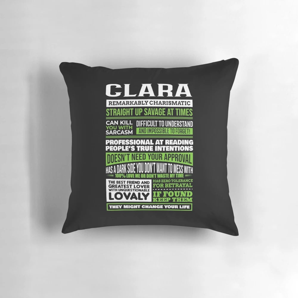 Decorative throw pillow featuring the name "Clara" and its meaning or definition