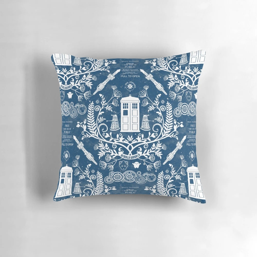 Vibrant damask pattern Tardis-inspired custom pillow with a police box design