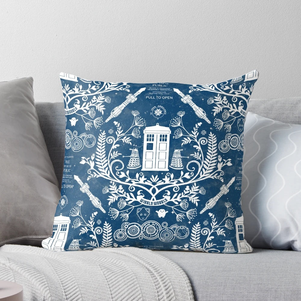 Vibrant damask pattern Tardis-inspired custom pillow with a police box design