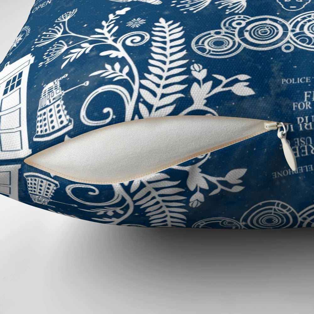 Vibrant damask pattern Tardis-inspired custom pillow with a police box design