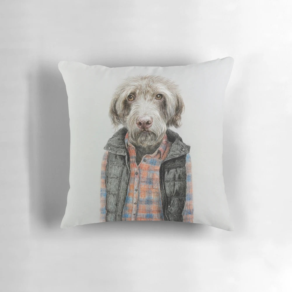A decorative pillow featuring a custom illustrated portrait of a dog wearing a shirt.