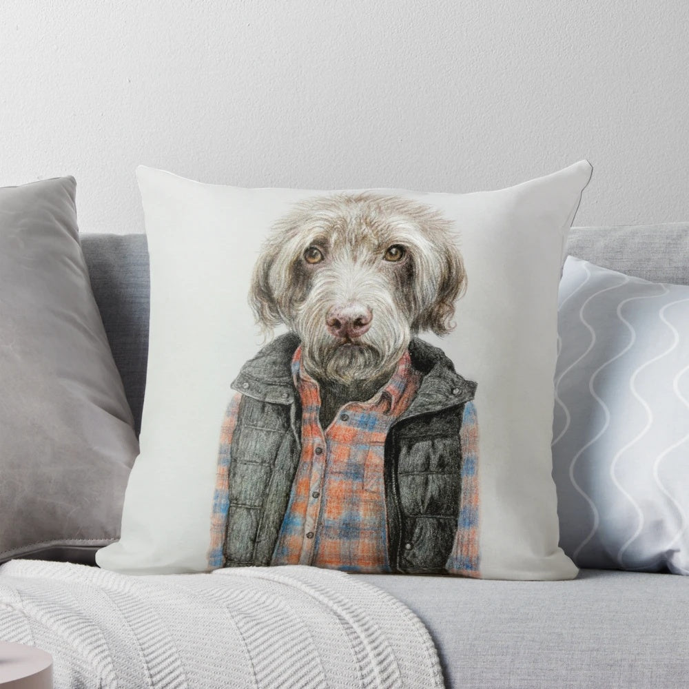 A decorative pillow featuring a custom illustrated portrait of a dog wearing a shirt.