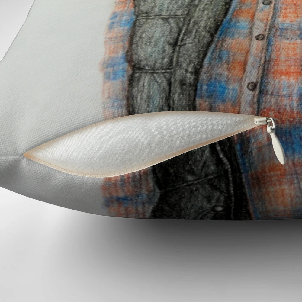 A decorative pillow featuring a custom illustrated portrait of a dog wearing a shirt.