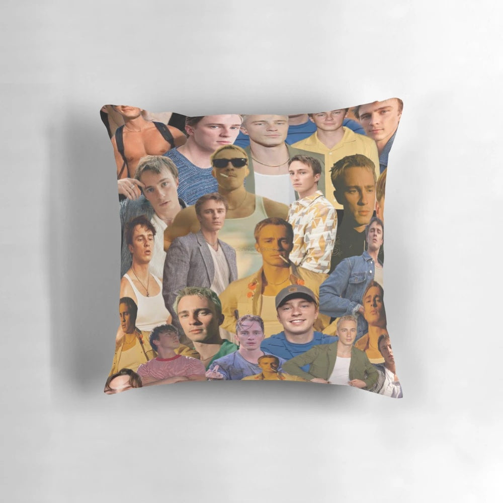 Drew Starkey photo collage printed on a soft, comfortable pillow for home or bedroom decor.