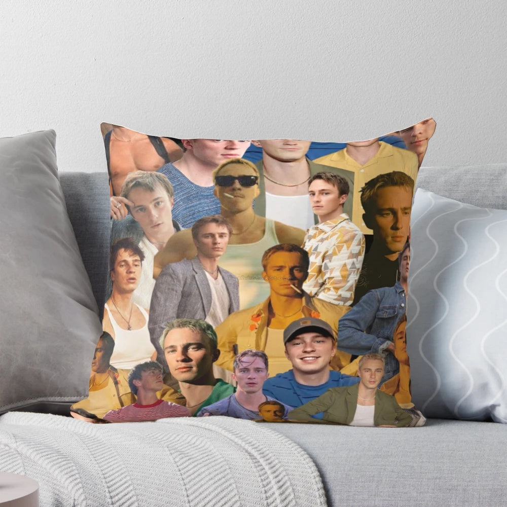 Drew Starkey photo collage printed on a soft, comfortable pillow for home or bedroom decor.