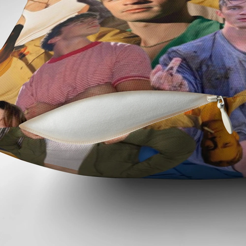 Drew Starkey photo collage printed on a soft, comfortable pillow for home or bedroom decor.