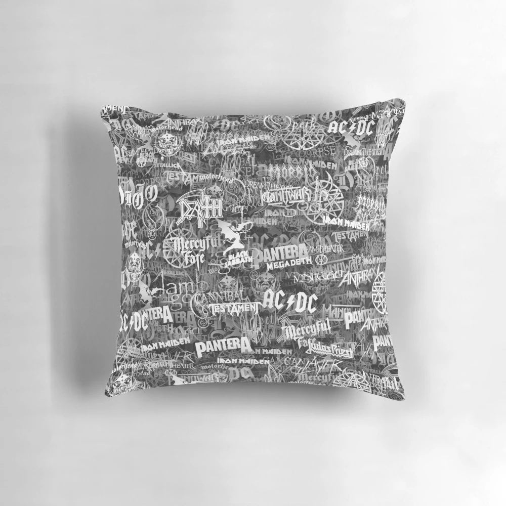 Soft, cushioned pillow featuring the bold, stylized text "Heavy Metal Bands"