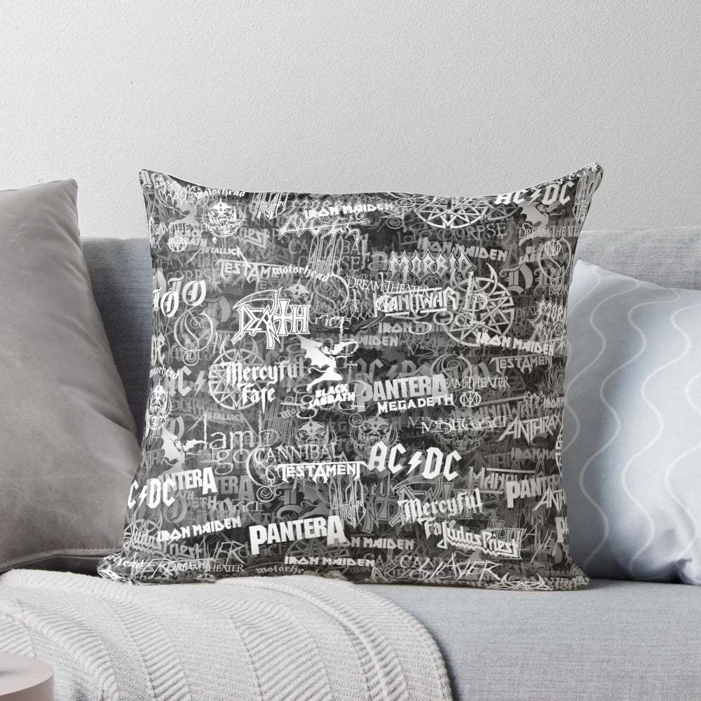 Soft, cushioned pillow featuring the bold, stylized text "Heavy Metal Bands"