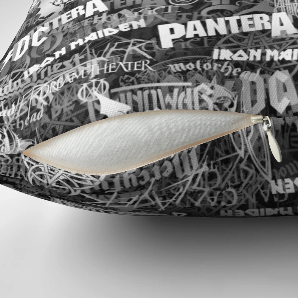 Soft, cushioned pillow featuring the bold, stylized text "Heavy Metal Bands"