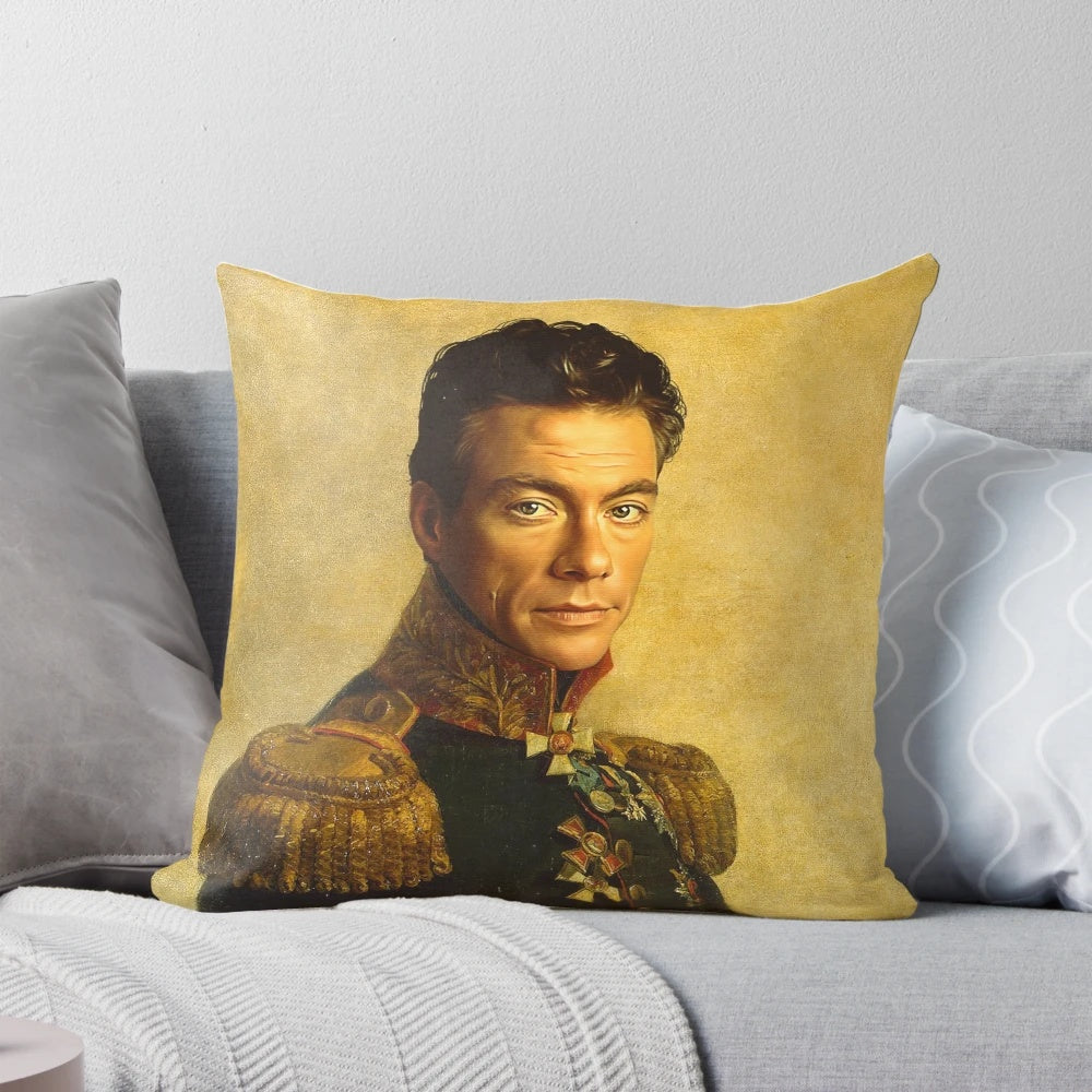 A custom Pillow POD featuring a portrait of Jean-Claude Van Damme
