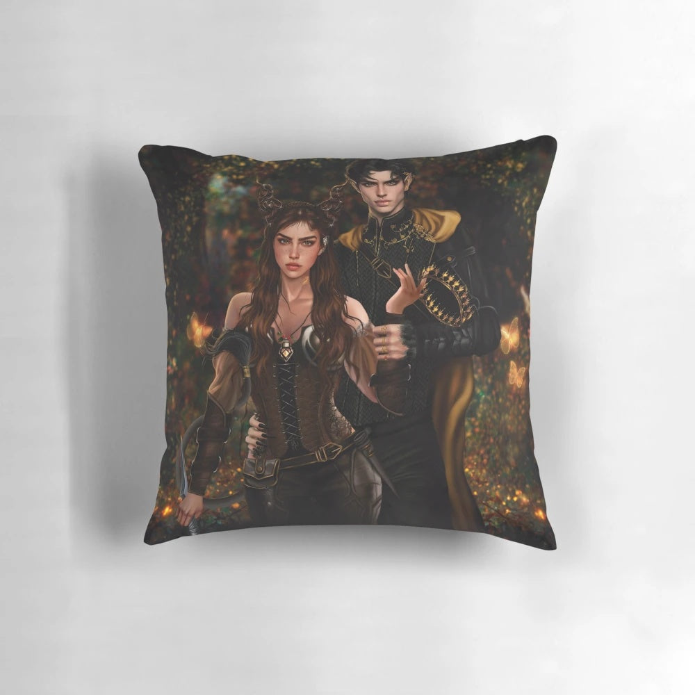 A stylized digital illustration of Jude Duarte and Cardan Greenbriar, the main characters from the book The Cruel Prince, printed on a high-quality pillow.