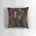 A stylized digital illustration of Jude Duarte and Cardan Greenbriar, the main characters from the book The Cruel Prince, printed on a high-quality pillow.