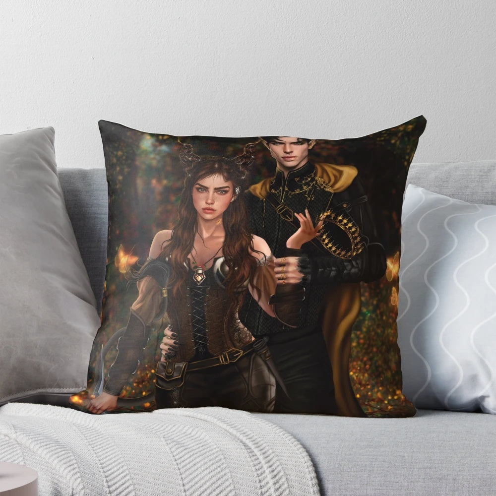 A stylized digital illustration of Jude Duarte and Cardan Greenbriar, the main characters from the book The Cruel Prince, printed on a high-quality pillow.
