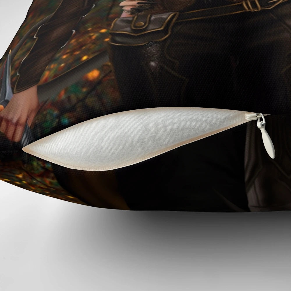 A stylized digital illustration of Jude Duarte and Cardan Greenbriar, the main characters from the book The Cruel Prince, printed on a high-quality pillow.