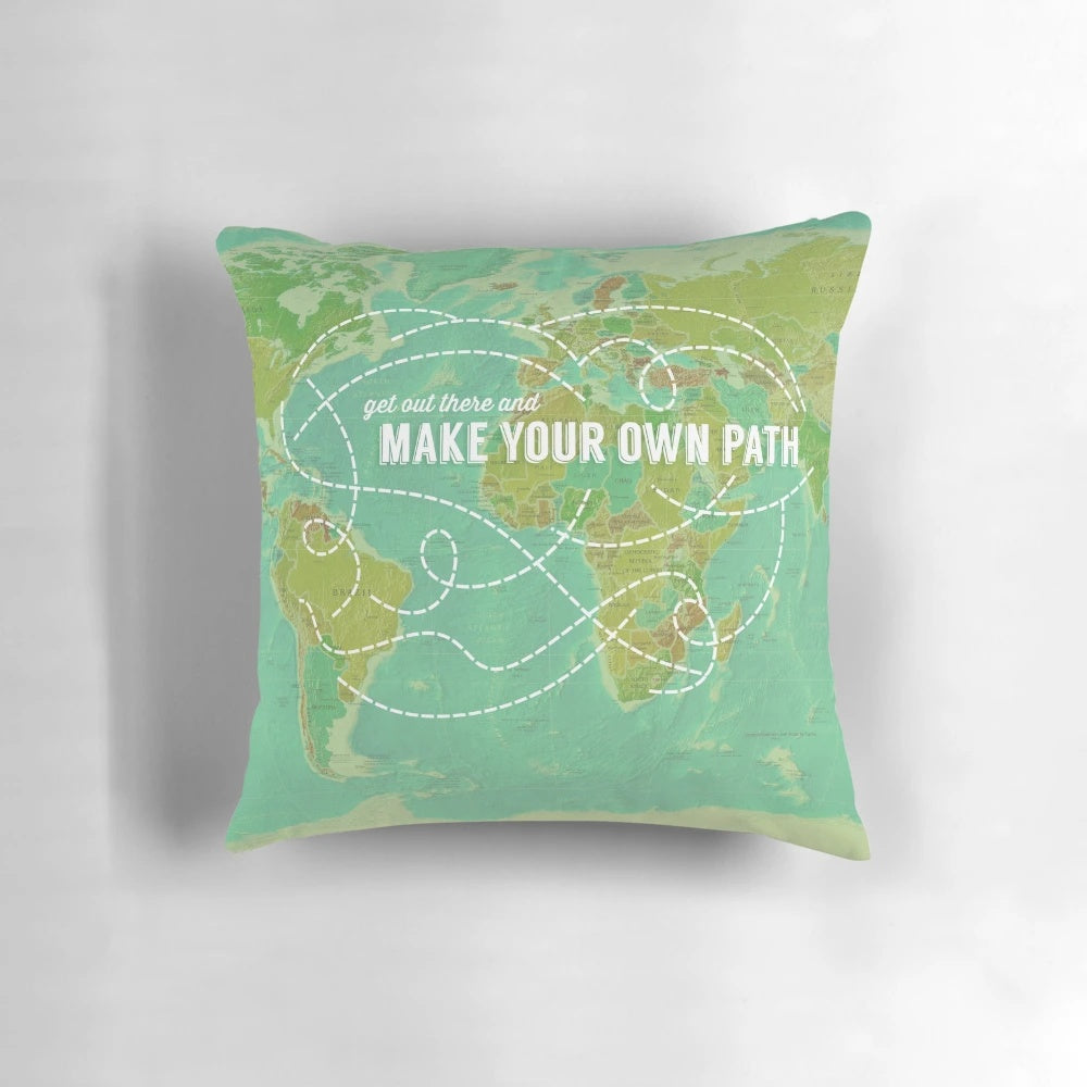 Customizable "Make Your Own Path" decorative pillow with a map design, perfect for homeschool and worldschool decor.
