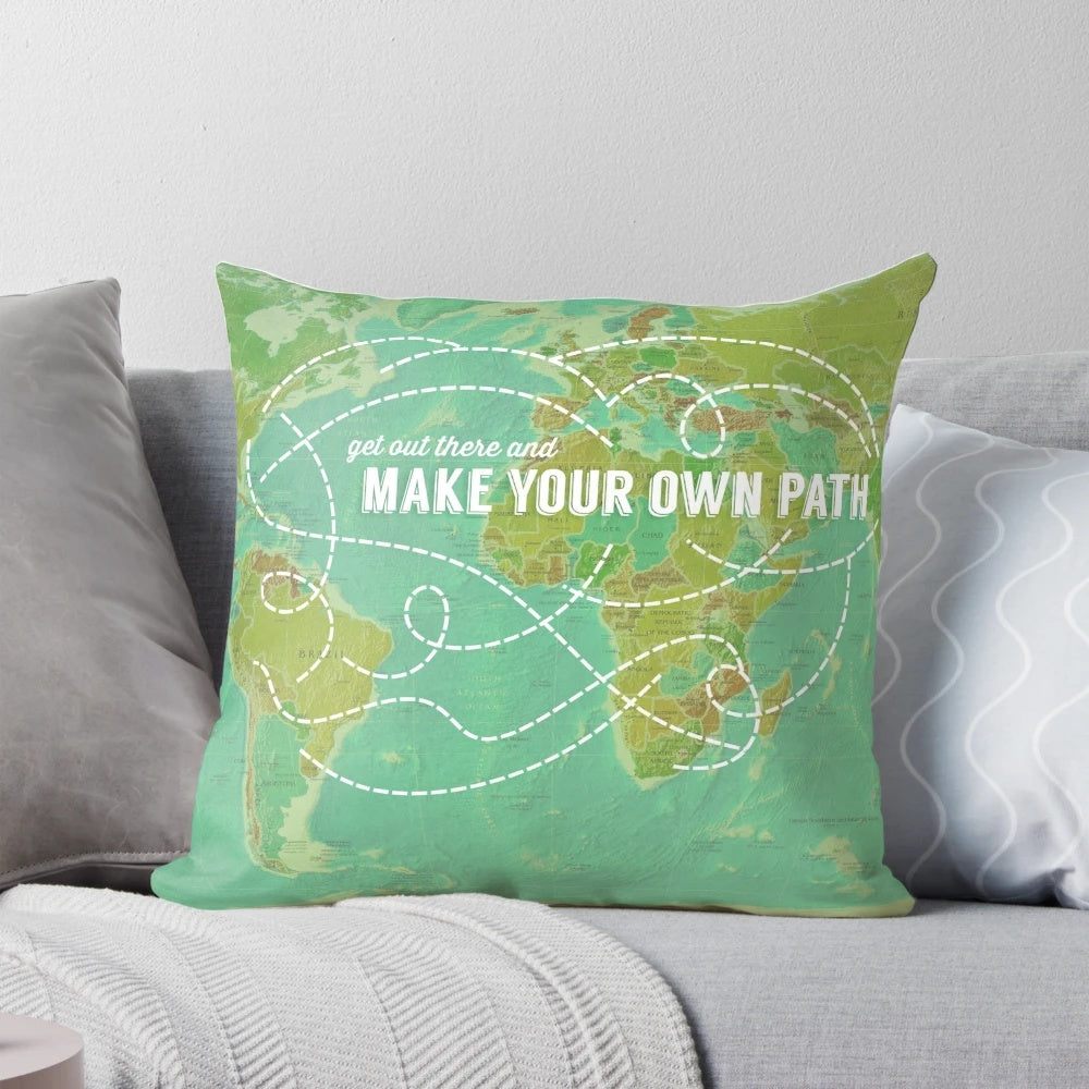 Customizable "Make Your Own Path" decorative pillow with a map design, perfect for homeschool and worldschool decor.