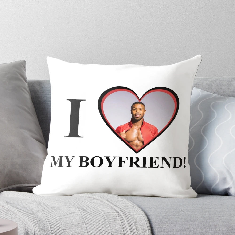 Plush Pillow with Michael B. Jordan's Image and "I Love My Boyfriend" Printed on It