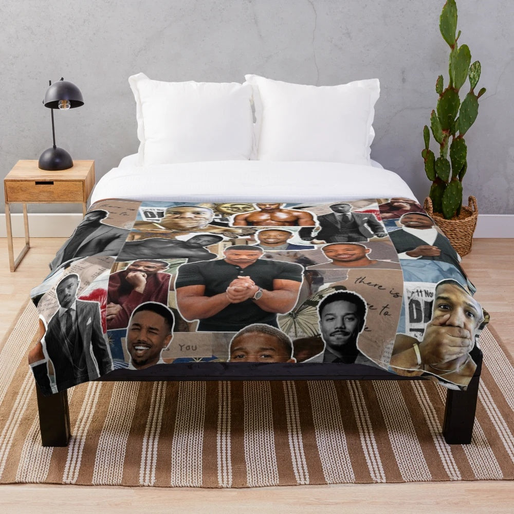 Soft and cozy plush blanket featuring a custom photo collage of actor Michael B. Jordan