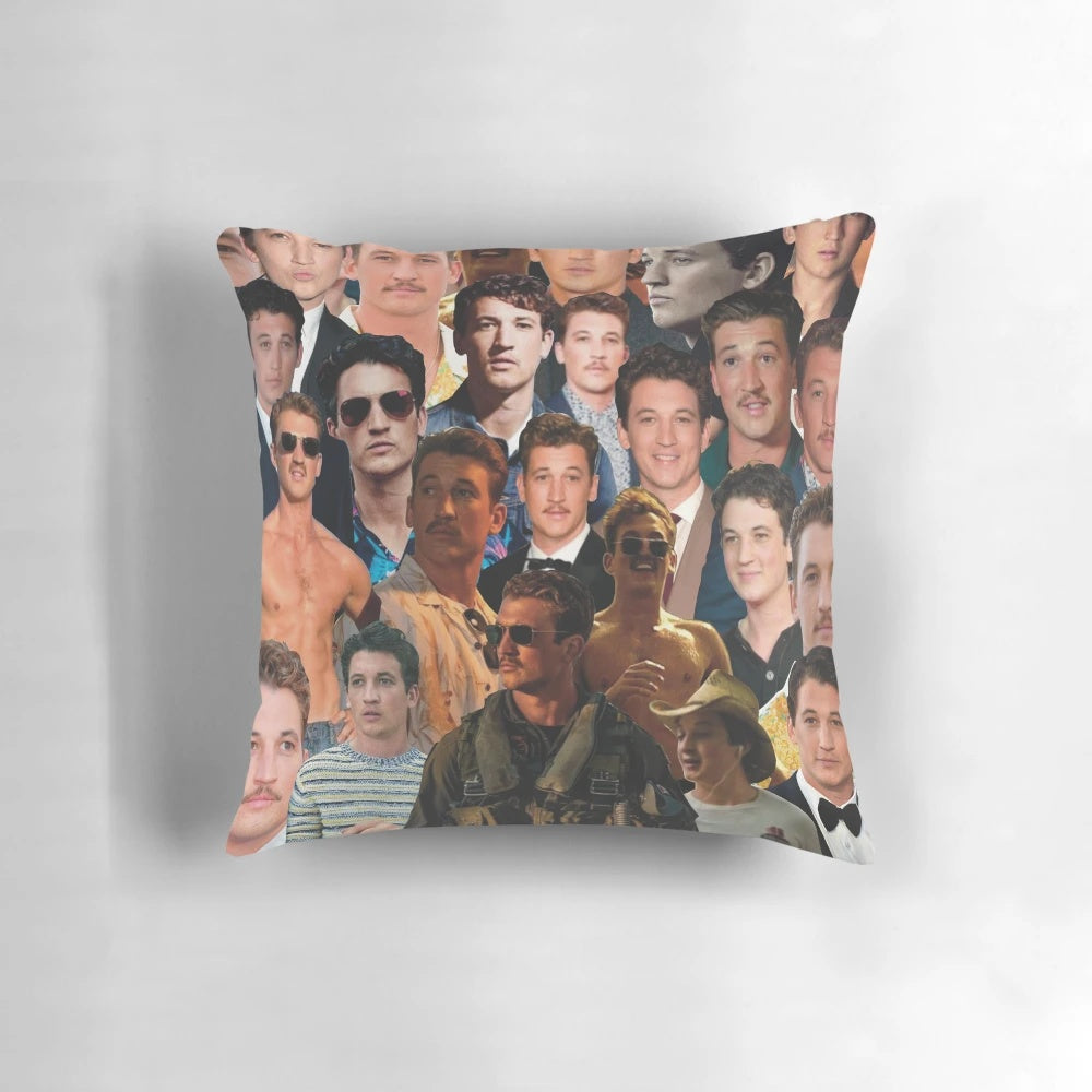 A custom pillow featuring a collage of photos of actor Miles Teller.