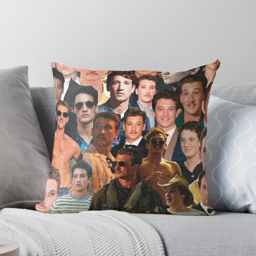 A custom pillow featuring a collage of photos of actor Miles Teller.