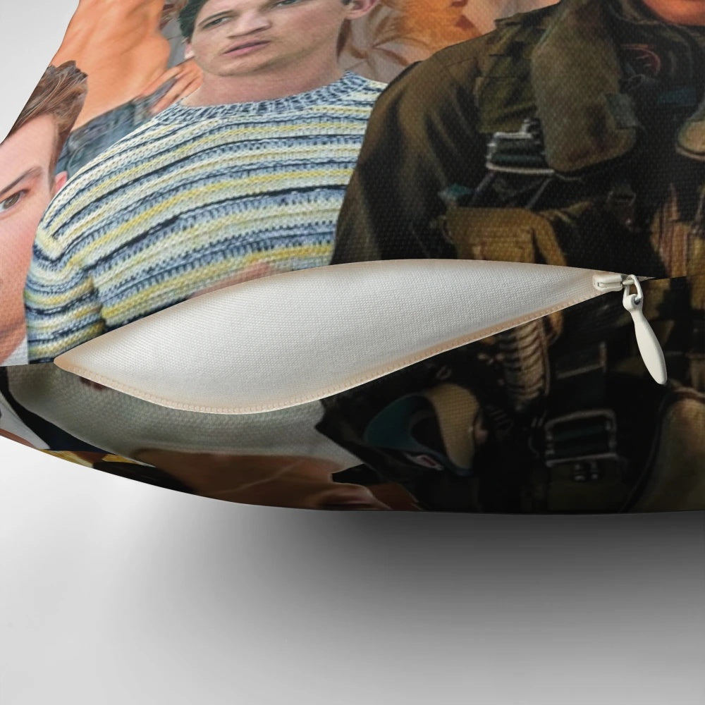 A custom pillow featuring a collage of photos of actor Miles Teller.