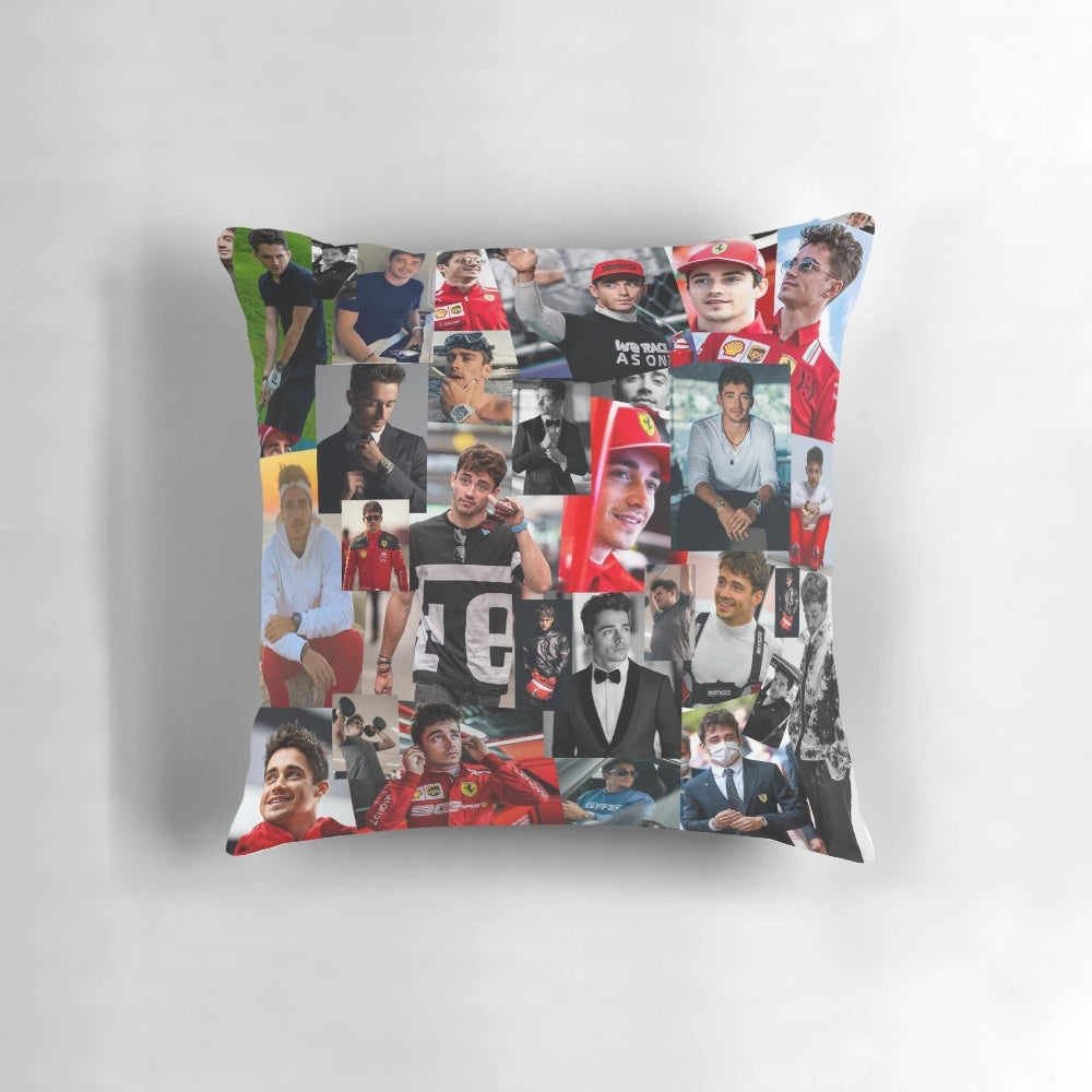 Collage of photos featuring Formula 1 racing driver Charles Leclerc, printed on a decorative throw pillow.