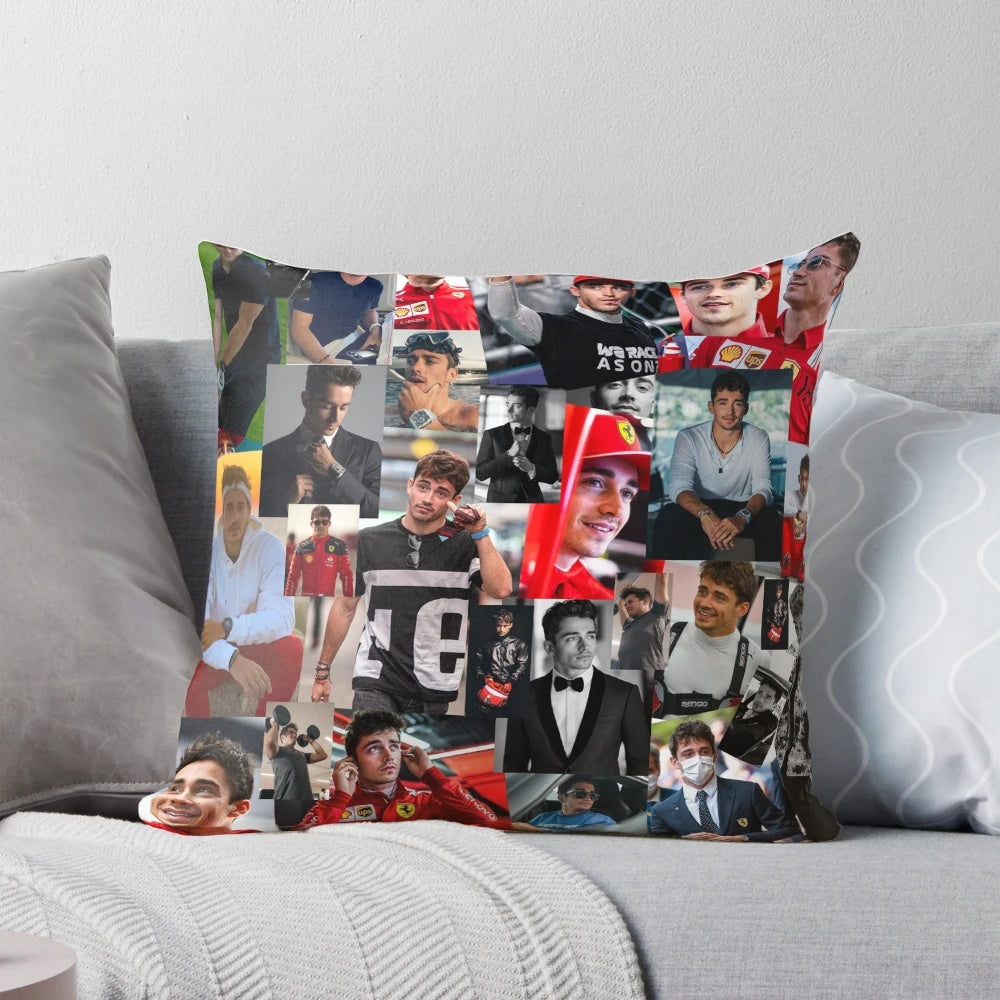 Collage of photos featuring Formula 1 racing driver Charles Leclerc, printed on a decorative throw pillow.
