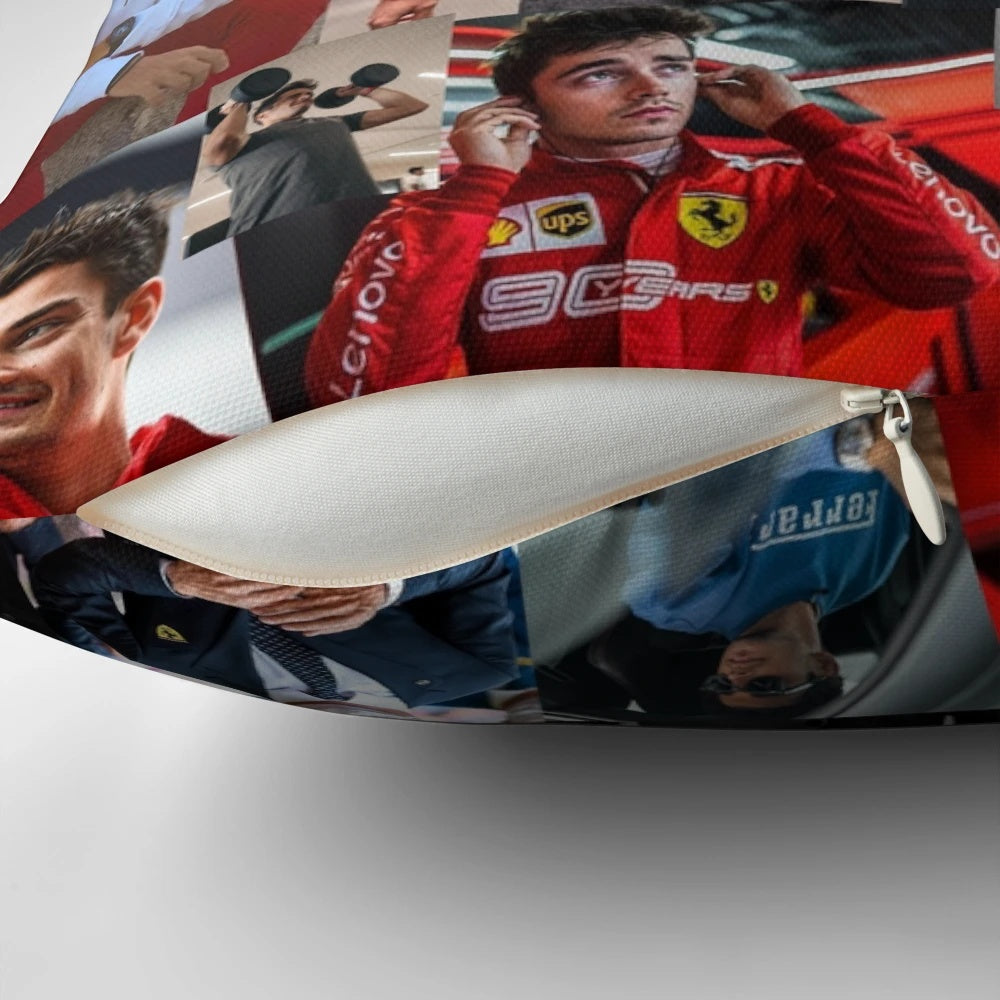 Collage of photos featuring Formula 1 racing driver Charles Leclerc, printed on a decorative throw pillow.