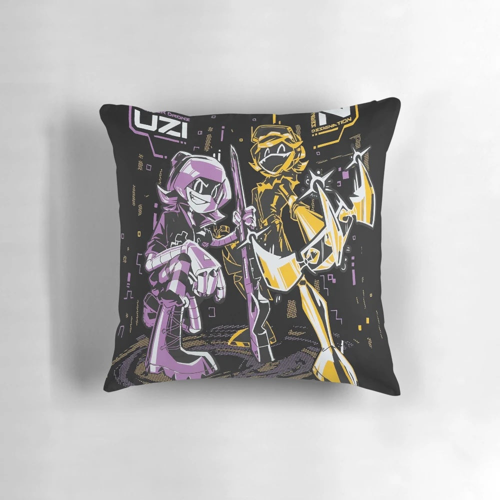 Murder Drones themed pillow with character designs and graphics