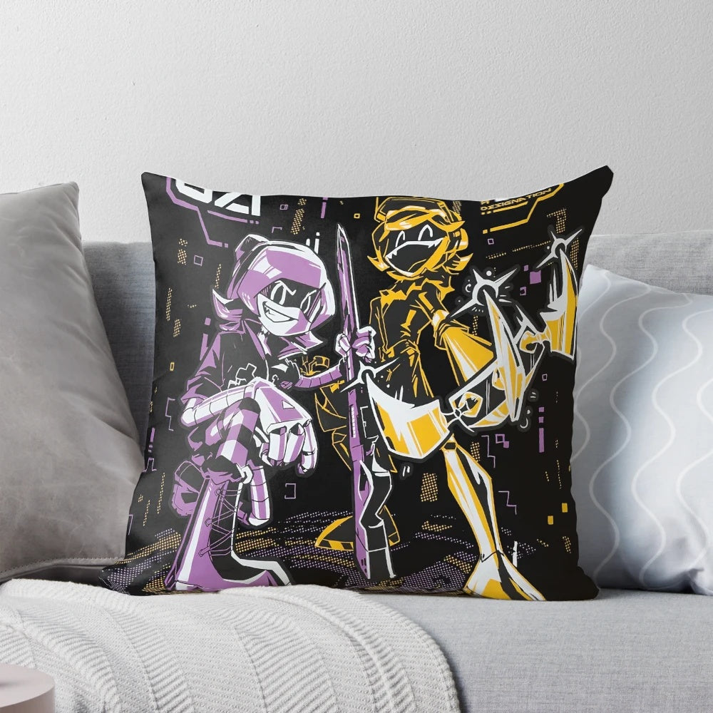Murder Drones themed pillow with character designs and graphics