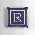Navy blue and white square monogram R pillow from Rew Studio