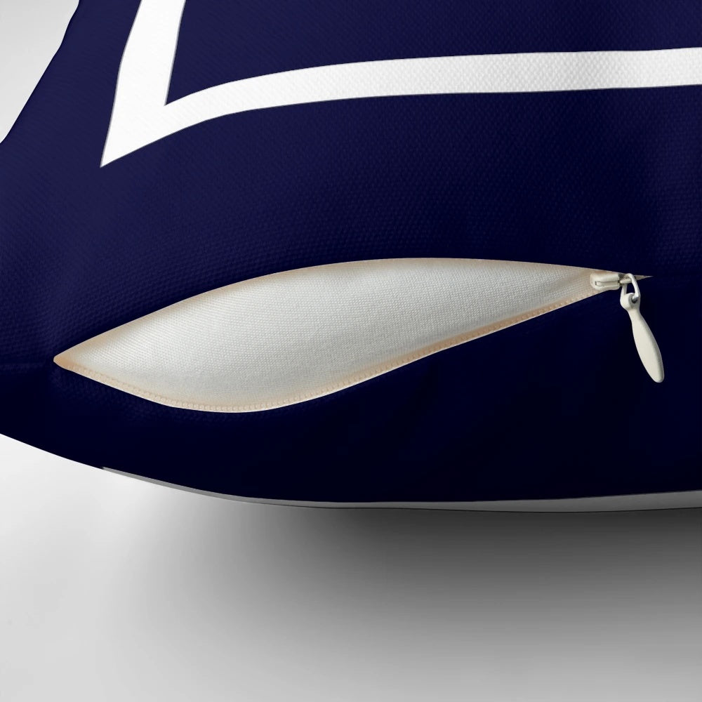 Navy blue and white square monogram R pillow from Rew Studio