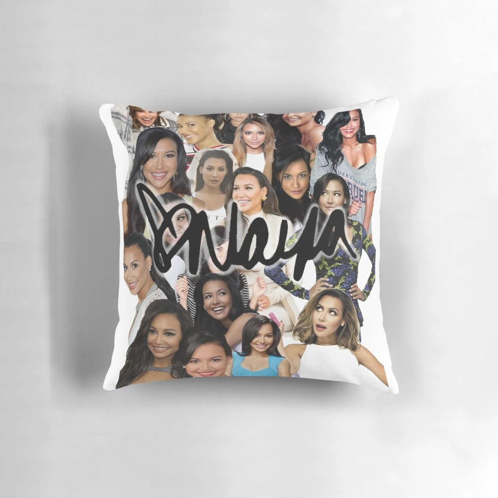 A collage pillow featuring characters from the TV show Glee, including Naya Rivera as Santana Lopez.