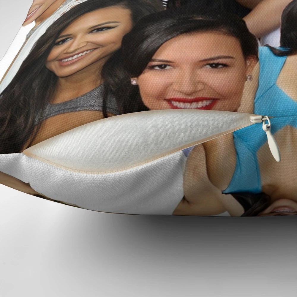 A collage pillow featuring characters from the TV show Glee, including Naya Rivera as Santana Lopez.