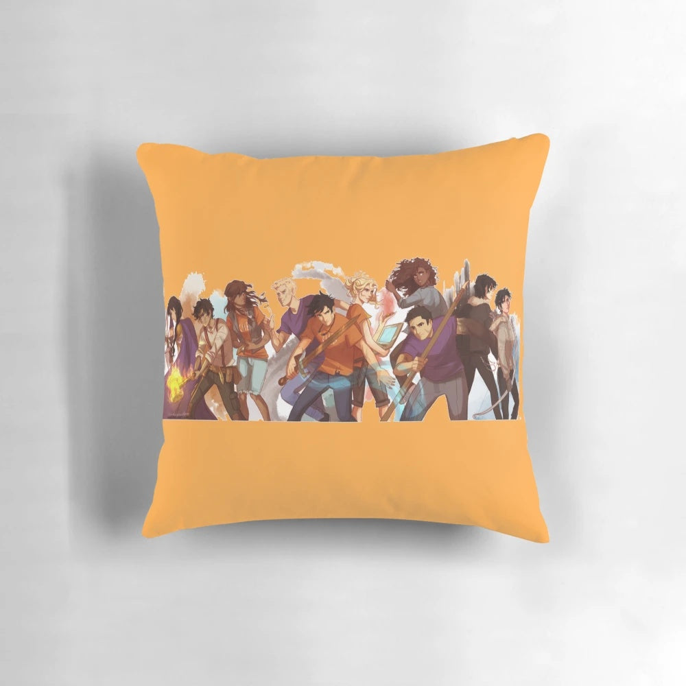 A custom throw pillow featuring the characters and logos from the Percy Jackson and Heroes of Olympus book series.