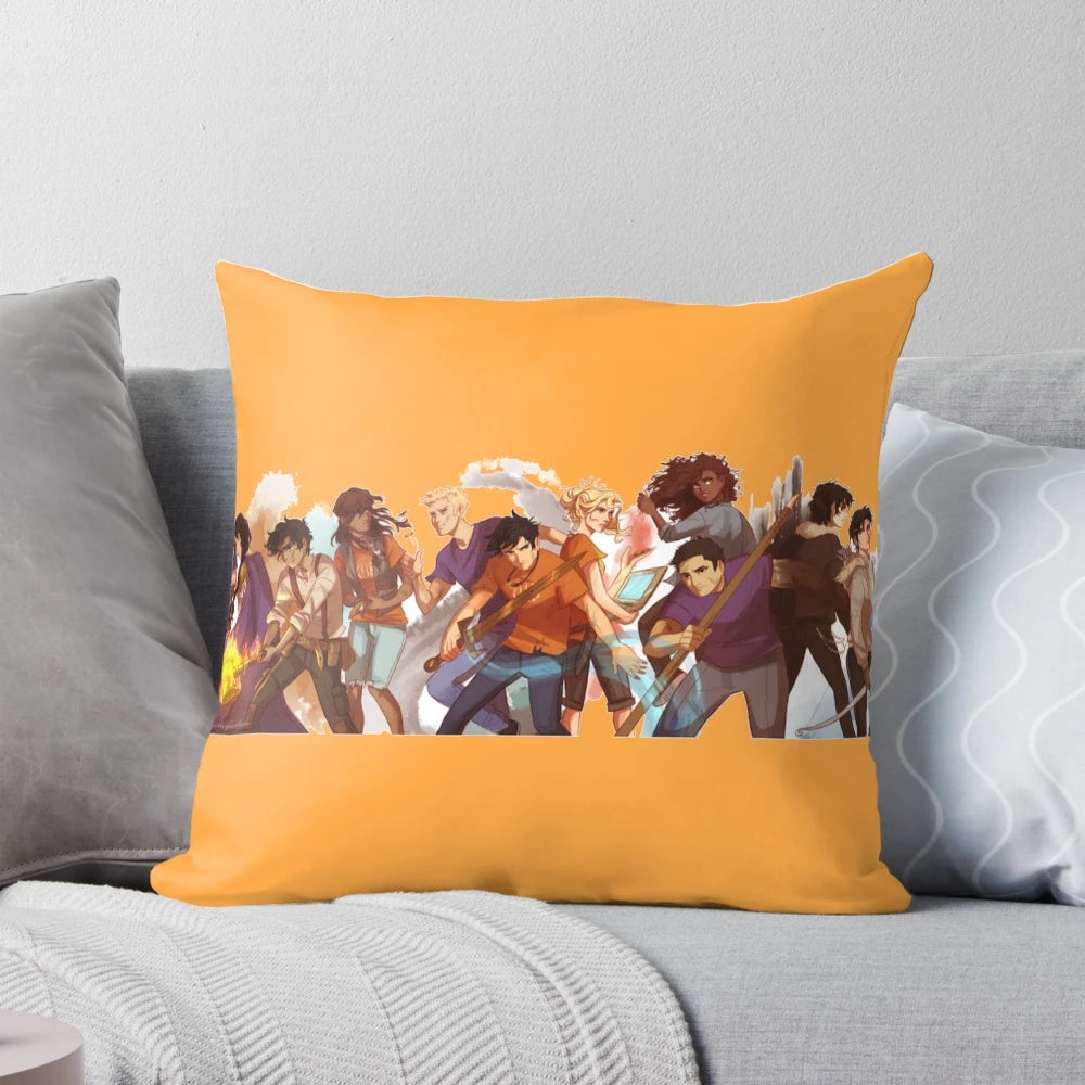 A custom throw pillow featuring the characters and logos from the Percy Jackson and Heroes of Olympus book series.