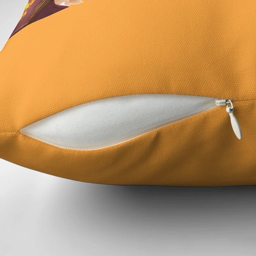 A custom throw pillow featuring the characters and logos from the Percy Jackson and Heroes of Olympus book series.