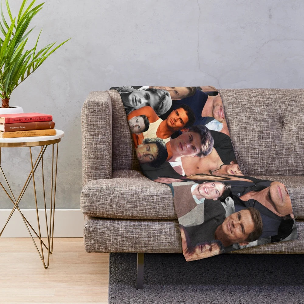 A plush blanket featuring a custom photo collage of actor Rob Lowe