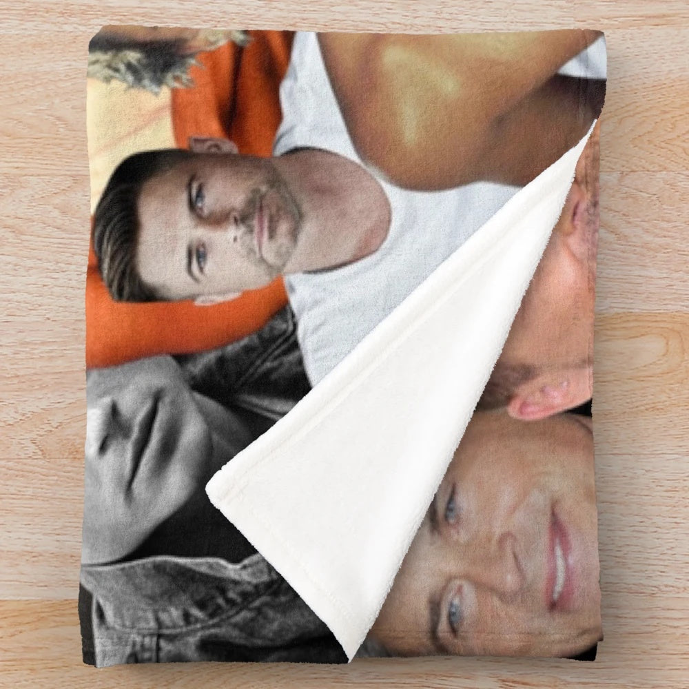 A plush blanket featuring a custom photo collage of actor Rob Lowe