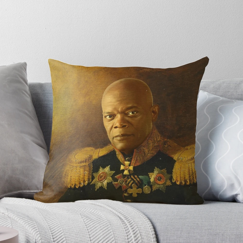 Stylish custom pillow featuring a portrait of actor Samuel L. Jackson with a unique "replaceface" design.