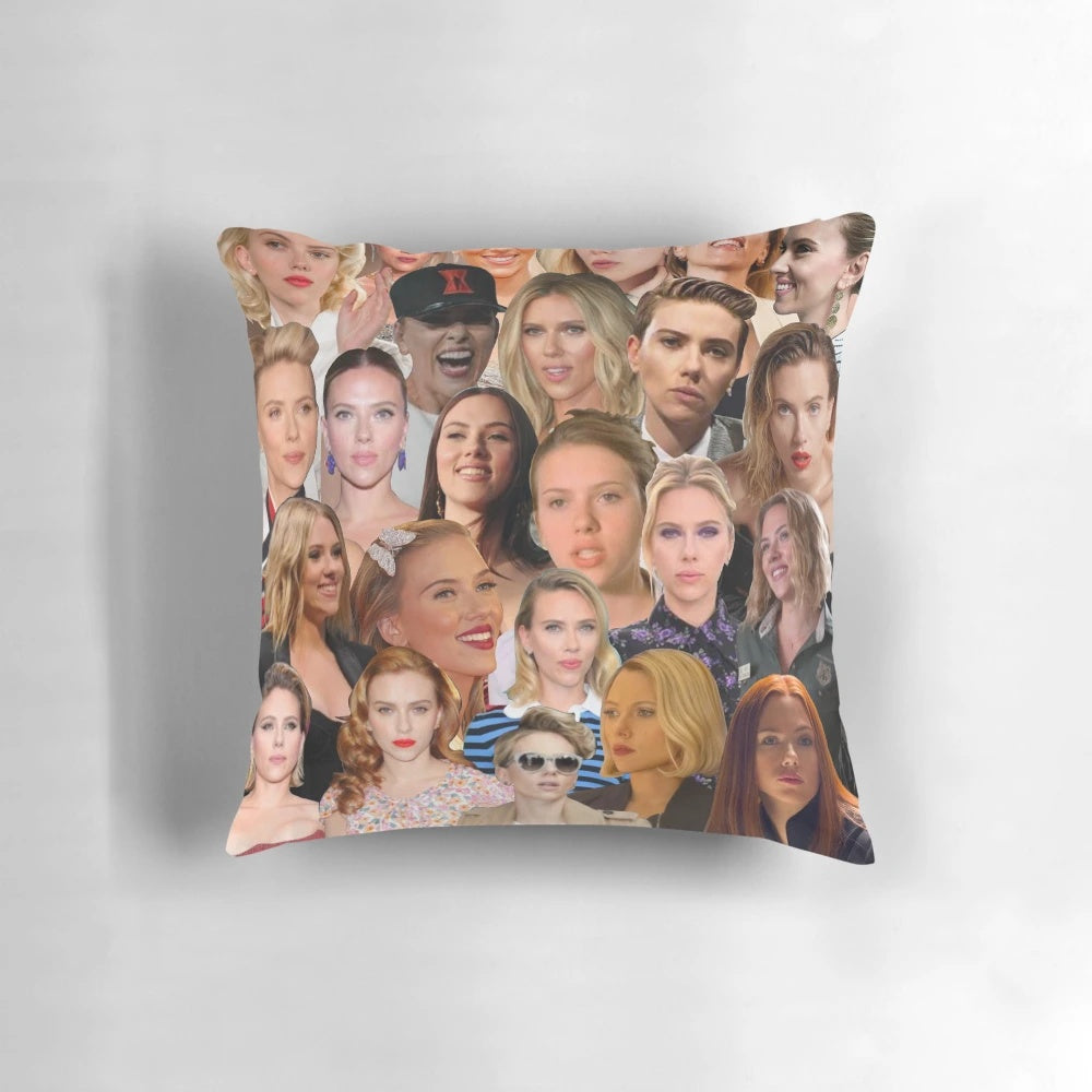 A decorative pillow featuring a custom photo collage of actress Scarlett Johansson.