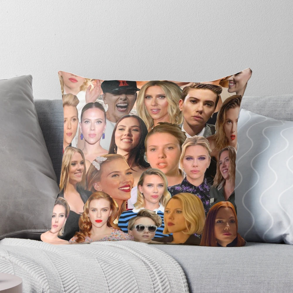 A decorative pillow featuring a custom photo collage of actress Scarlett Johansson.