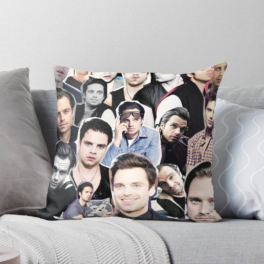 A collage of actor Sebastian Stan's photos printed on a comfortable throw pillow for home or bedroom decor.