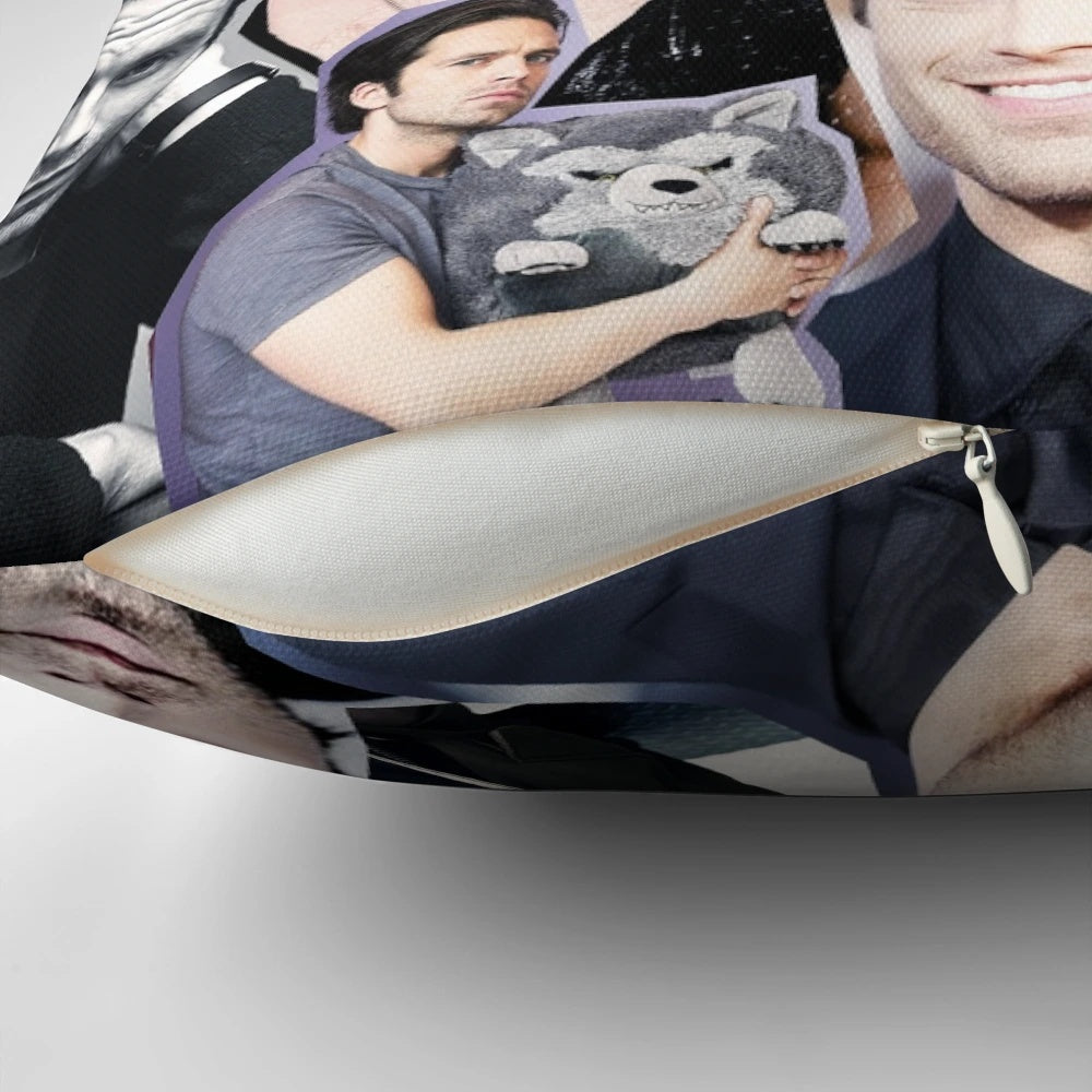 A collage of actor Sebastian Stan's photos printed on a comfortable throw pillow for home or bedroom decor.