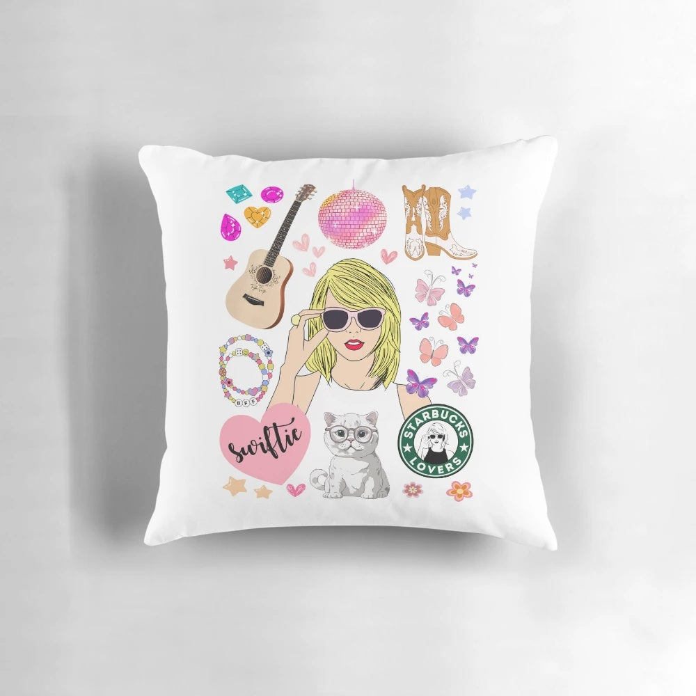 A cozy pillow featuring a collage design inspired by Taylor Swift's The Eras Tour.
