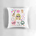 A cozy pillow featuring a collage design inspired by Taylor Swift's The Eras Tour.